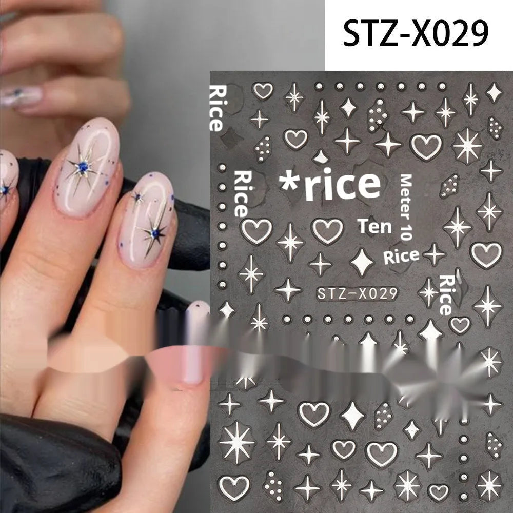 Black and silver stripe nail art sticker with a love pattern design on a plastic sheet.
