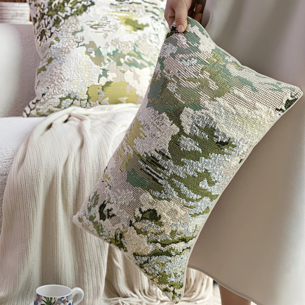Antique green decorative pillow with abstract botanical pattern, available in square and waist pillow sizes