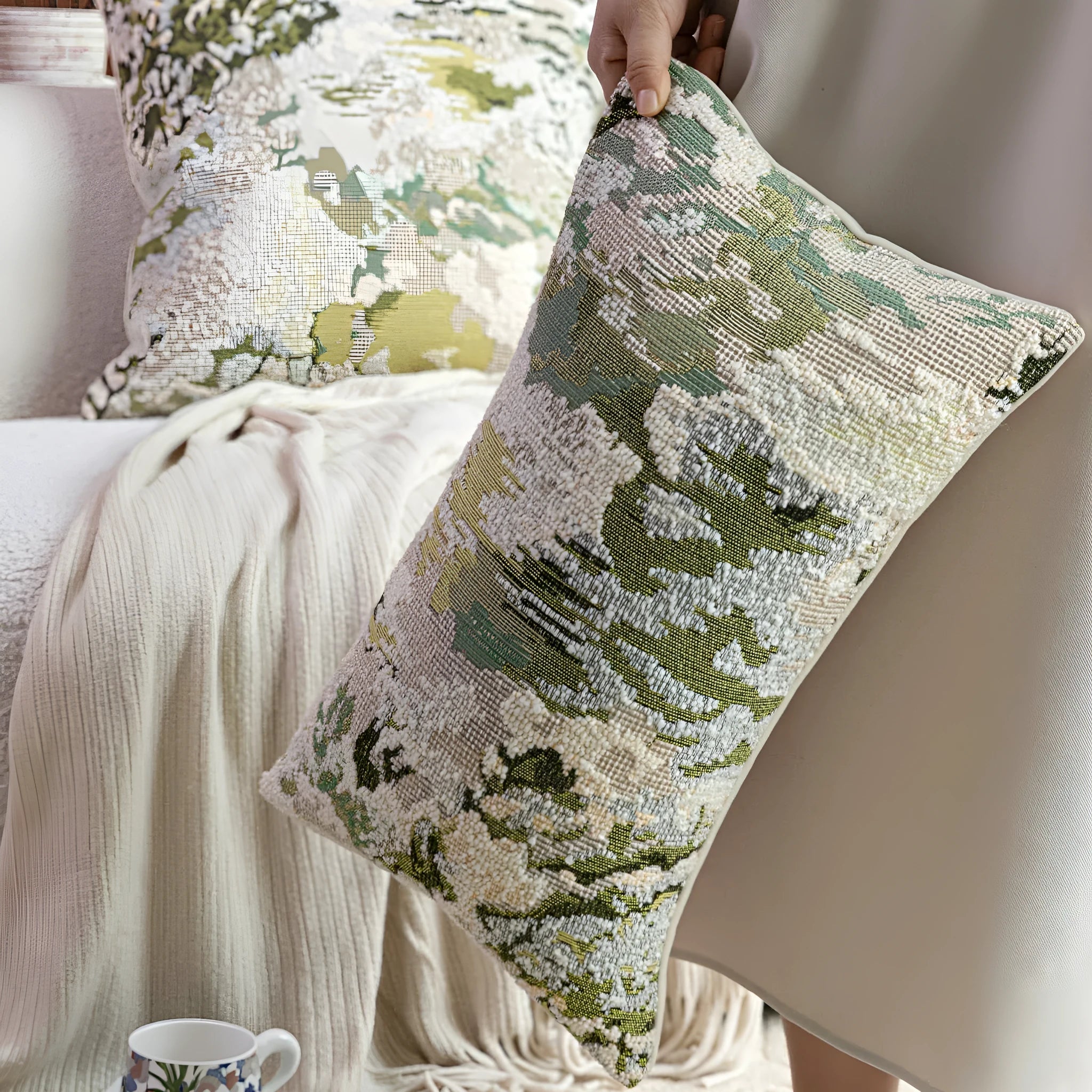 Antique green decorative pillow with abstract botanical pattern, available in square and waist pillow sizes