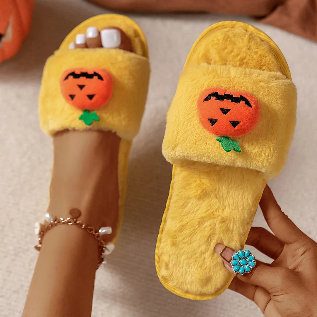 Women's Halloween pumpkin design open toe slippers in white with synthetic fur and PVC anti-slip soles