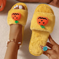 Women's Halloween pumpkin design open toe slippers in white with synthetic fur and PVC anti-slip soles