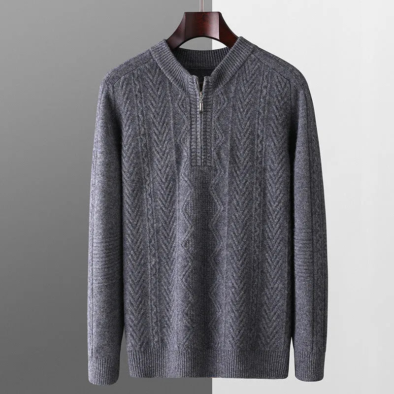 Men's pure wool diamond lattice pattern half-zip loose fit sweater in light camel colour