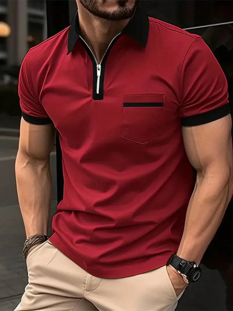 Men's casual short sleeve shirt with chest pocket and zip decoration in loose fit