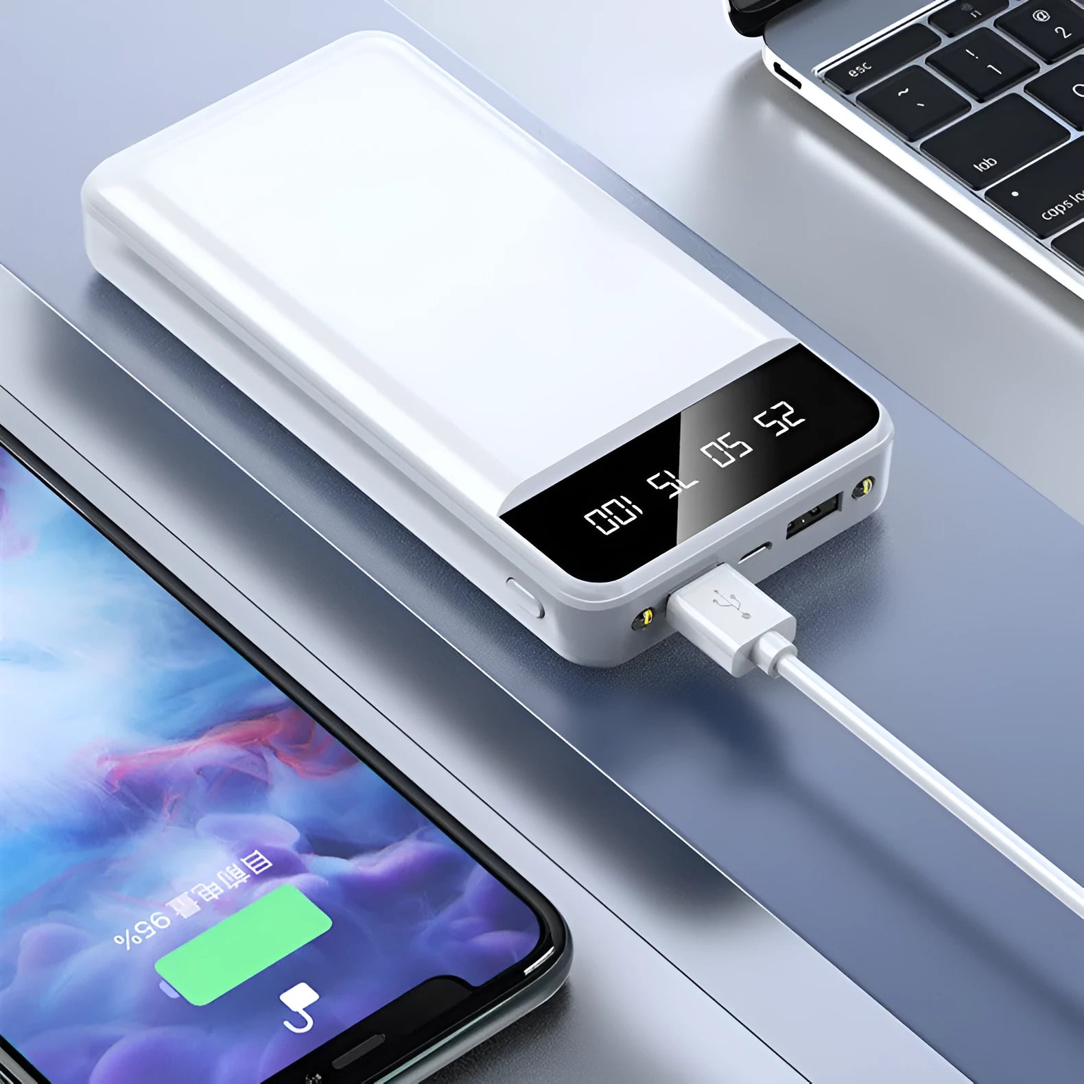 20000mAh polymer power bank in four colour options showing multiple USB ports