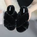 Cross open-toe fur slippers with non-slip patterned sole on tiled floor