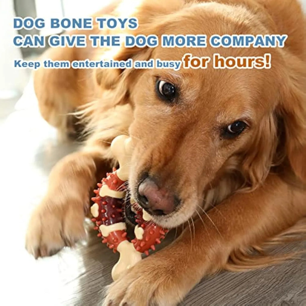 Bone-shaped natural rubber dog chewing toy shown in two different sizes on a plain background