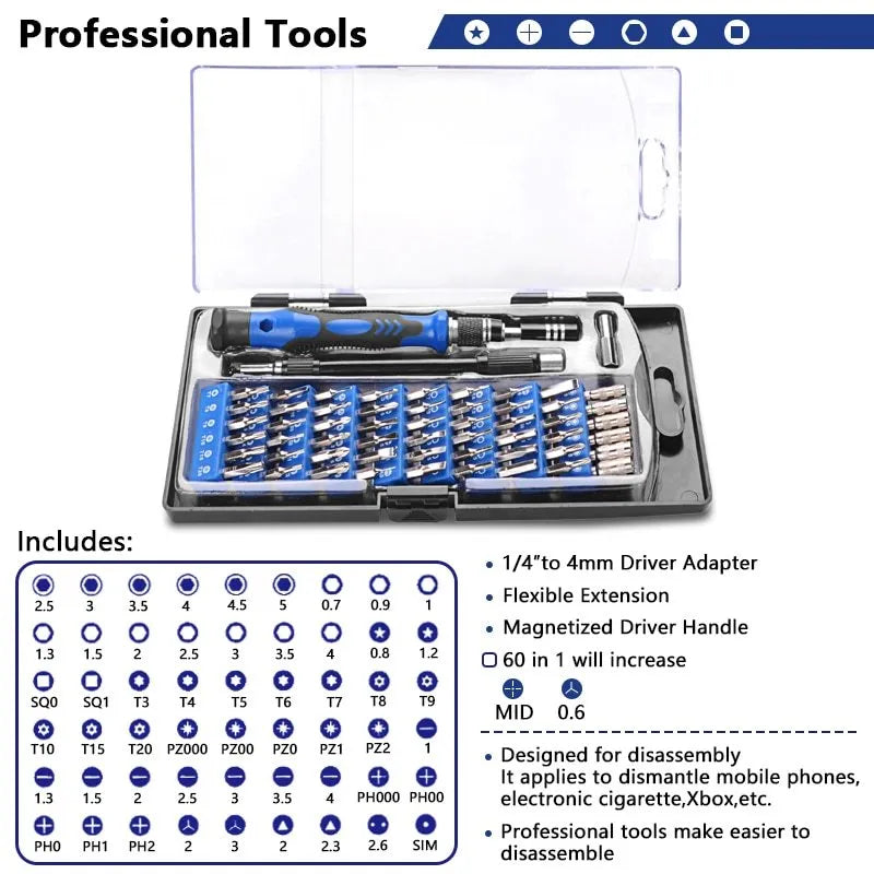 60W soldering iron and 60-in-1 magnetic screwdriver kit in tools bag backpack for electronics repair