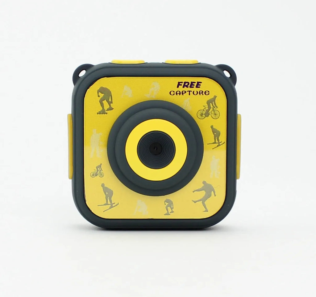 Yellow children's waterproof sports camera showing front display and controls