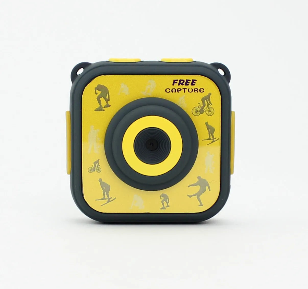 Yellow children's waterproof sports camera showing front display and controls
