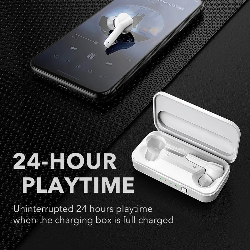Black and white true wireless Bluetooth earbuds with IPX5 waterproof rating.