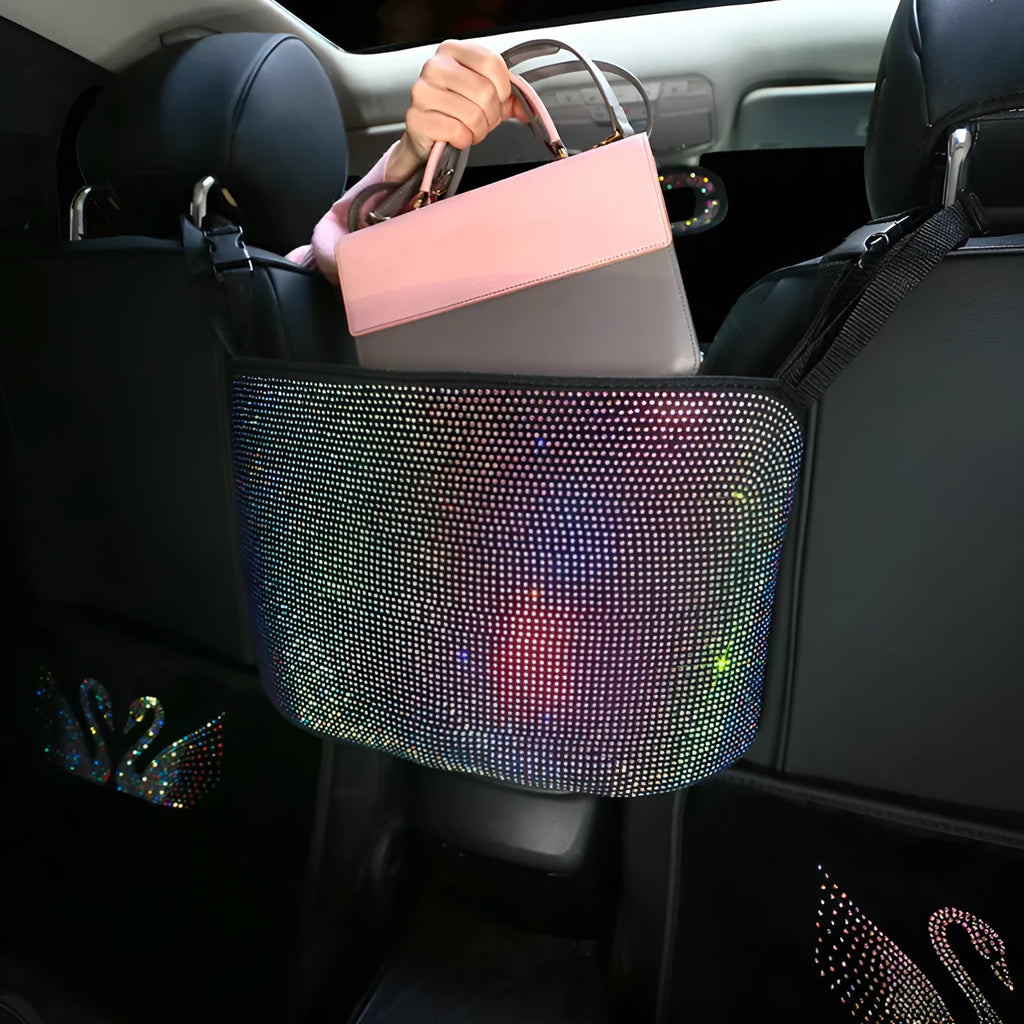 Crystal rhinestone car storage bag with multi-pockets on backseat
