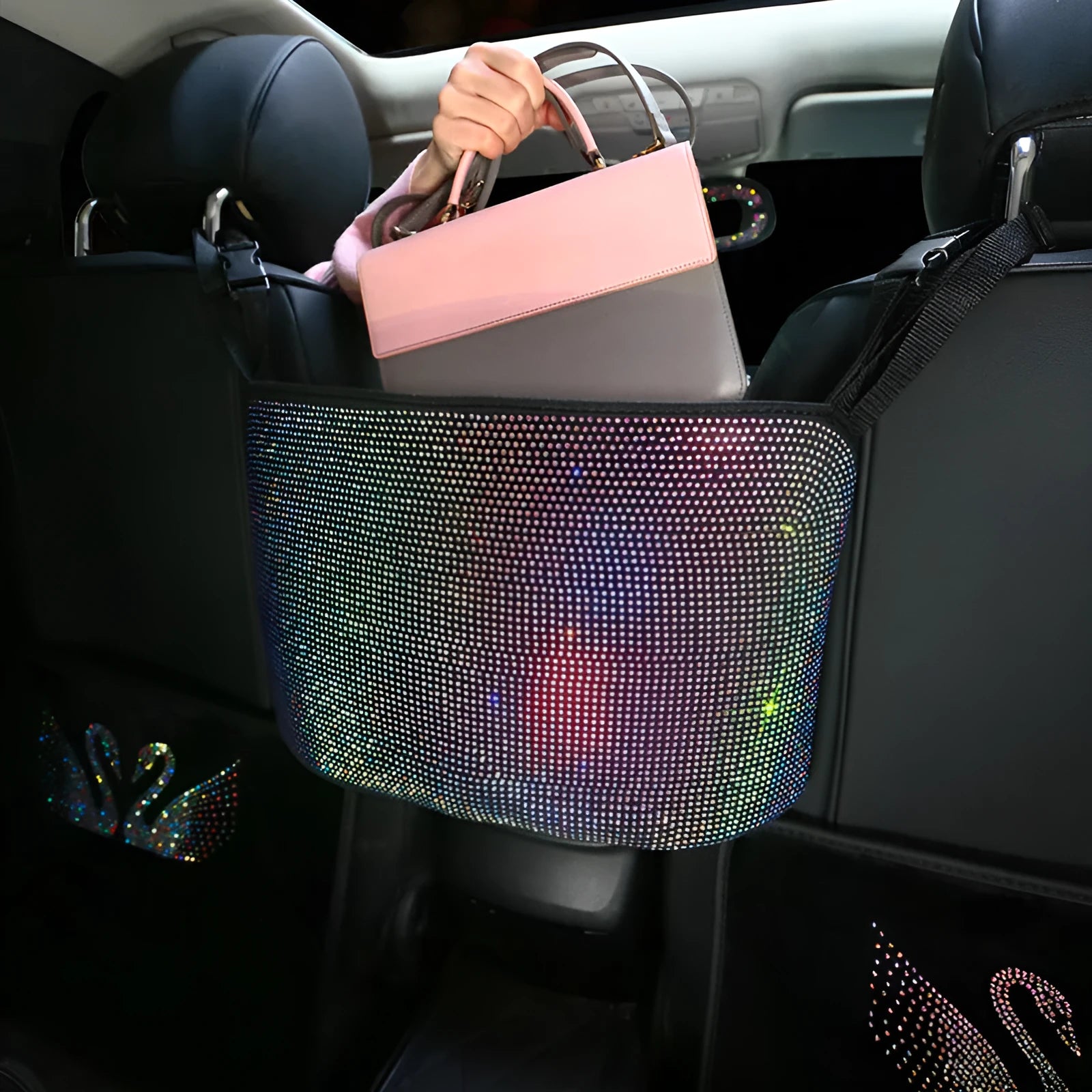 Crystal rhinestone car storage bag with multi-pockets on backseat
