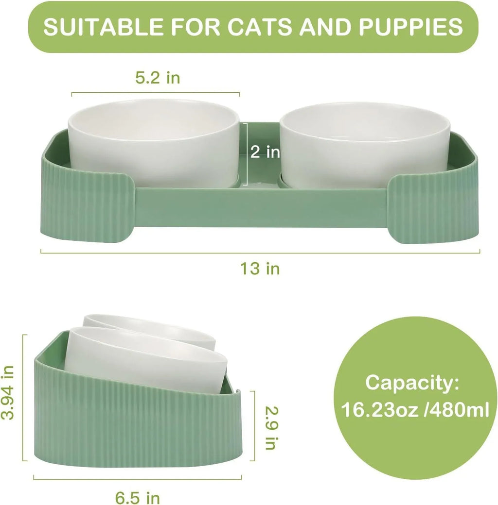 Ceramic elevated cat bowls with 15° tilted stand, green colour, non-slip base, 33x17x6 cm