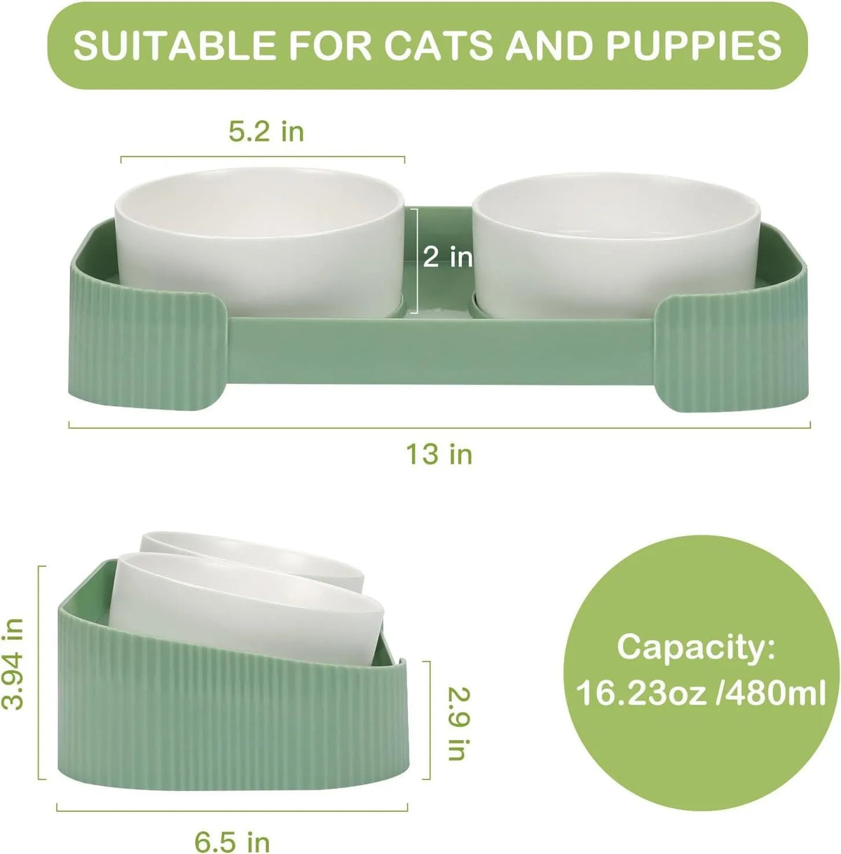 Ceramic elevated cat bowls with 15° tilted stand, green colour, non-slip base, 33x17x6 cm