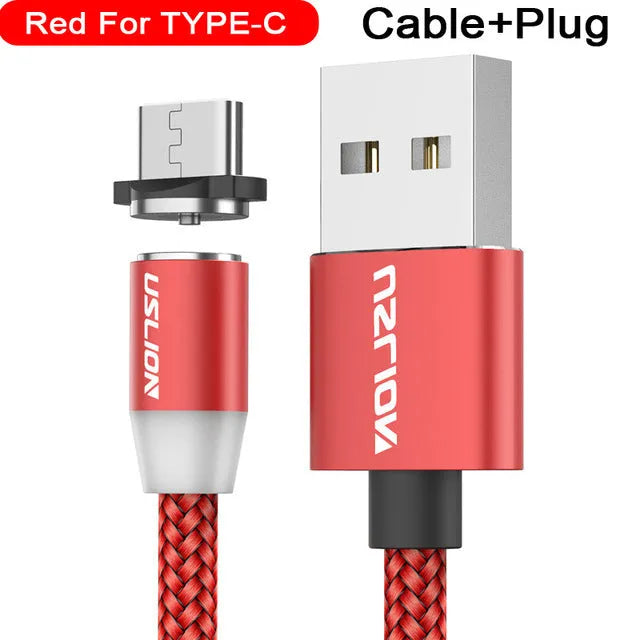 USLION circular magnetic charging cable in black, showing magnetic connector and plug for Android, iOS, or Type-C device.