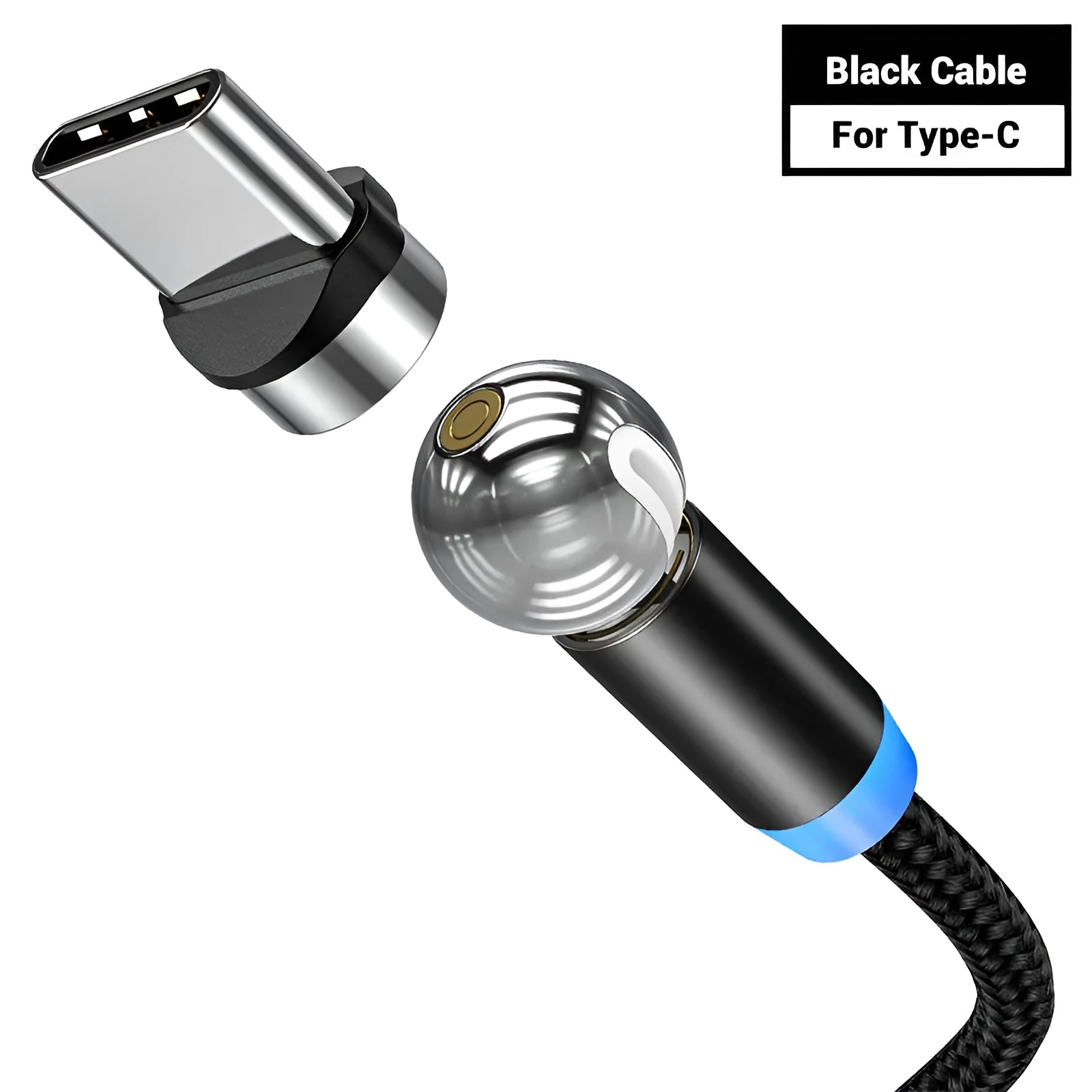 Black magnetic charging cable with spherical aluminium alloy connector on a 1m TPE cable