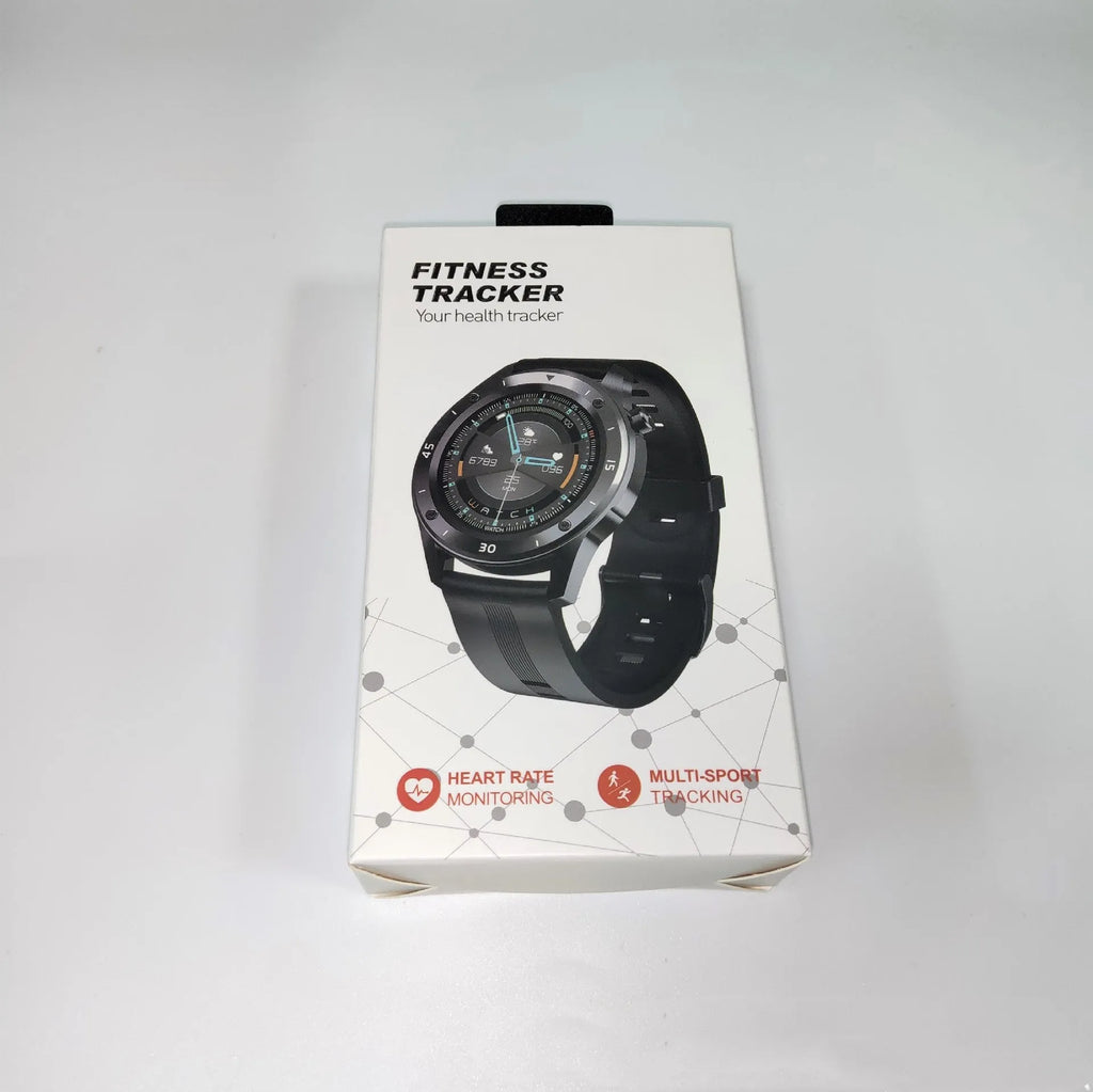 Black smartwatch with fitness tracking on a wrist, showing a 1.54-inch screen displaying heart rate and steps.