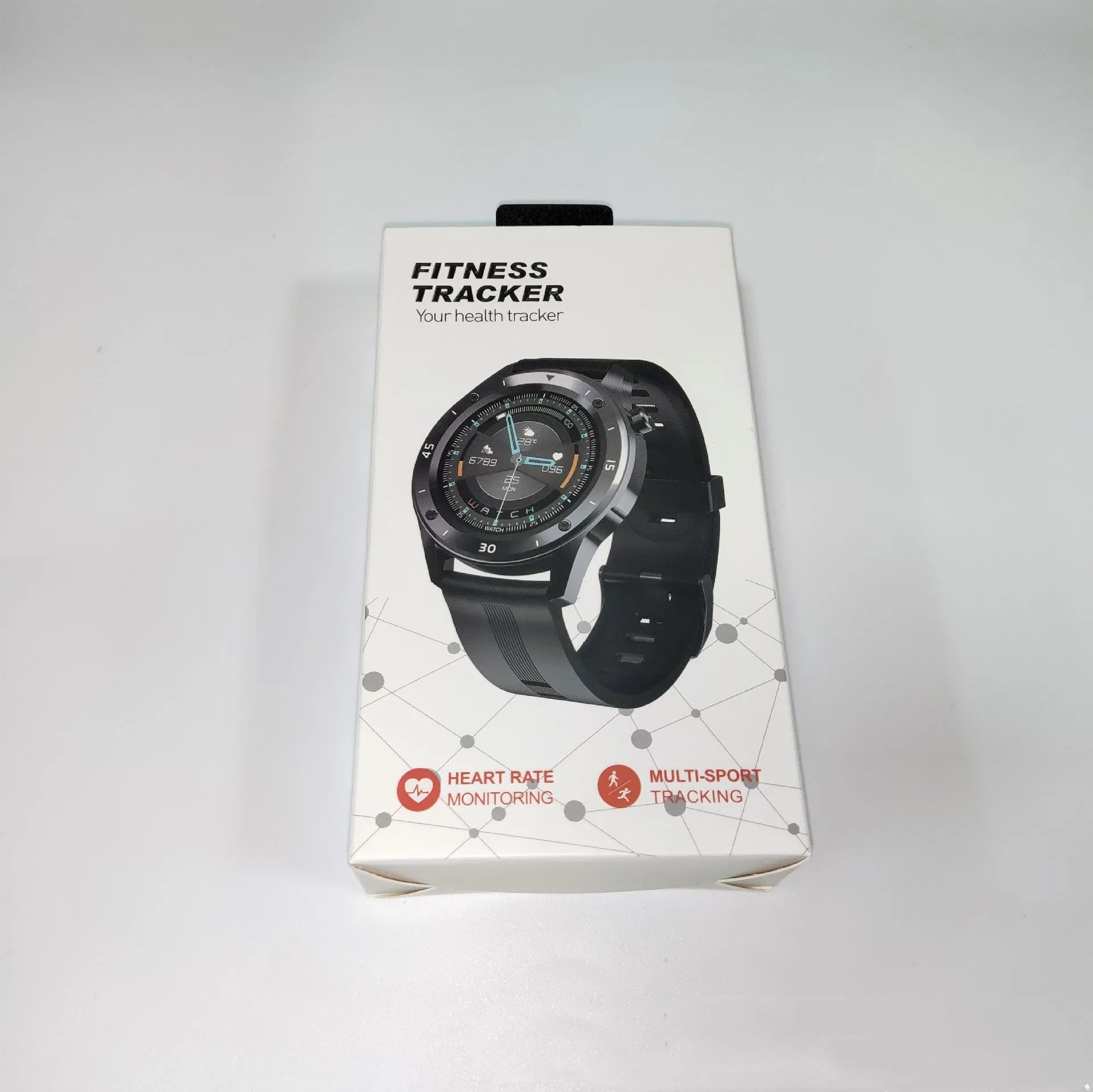 Black smartwatch with fitness tracking on a wrist, showing a 1.54-inch screen displaying heart rate and steps.