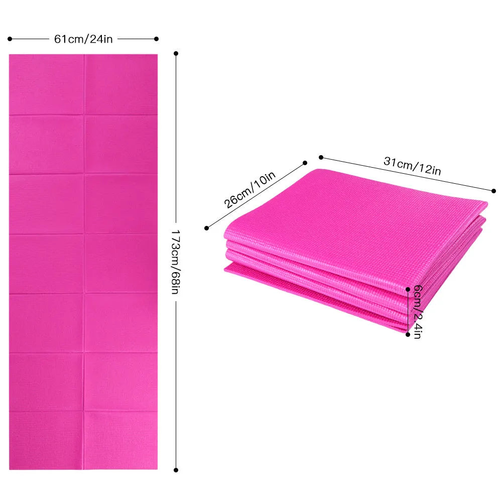 Folding non-slip PVC yoga mat in blue with handles, 173x61x0.4cm