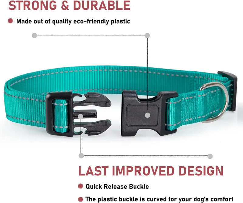Adjustable chest strap dog collar in nylon material showing colour options