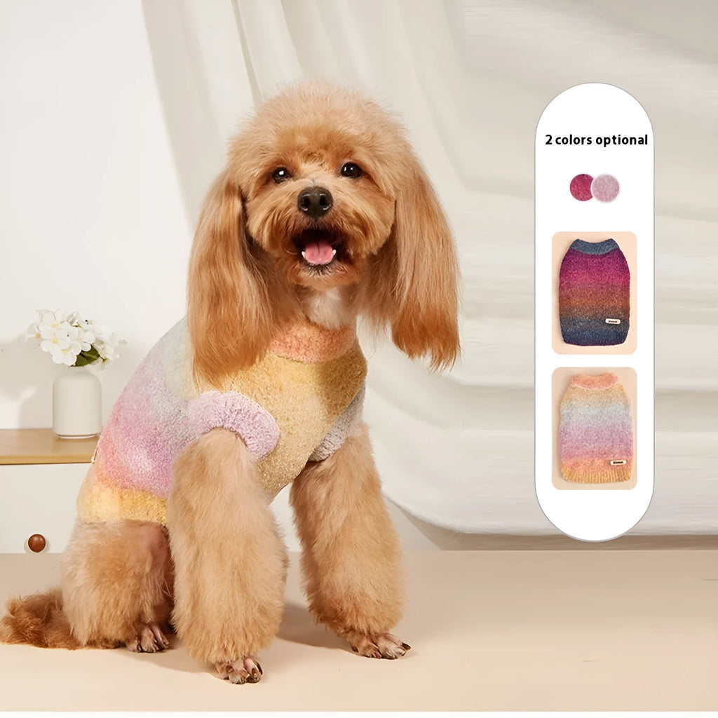 Colourful rainbow circle pattern dog sweater in soft wool acrylic blend fabric