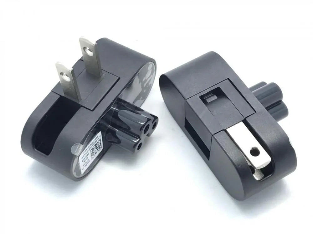 Black folding notebook power plug showing straight and 90-degree angle configurations