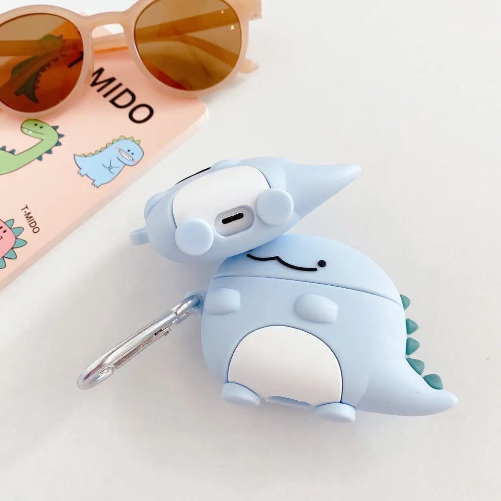 Blue silicone earphone case with a cute baby dragon design, fitting a single Apple AirPod.