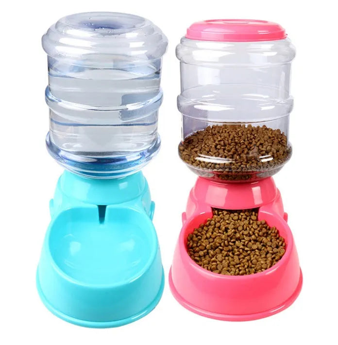 3.5L automatic gravity pet feeding basin for cats and dogs, available in blue, green, and pink colours