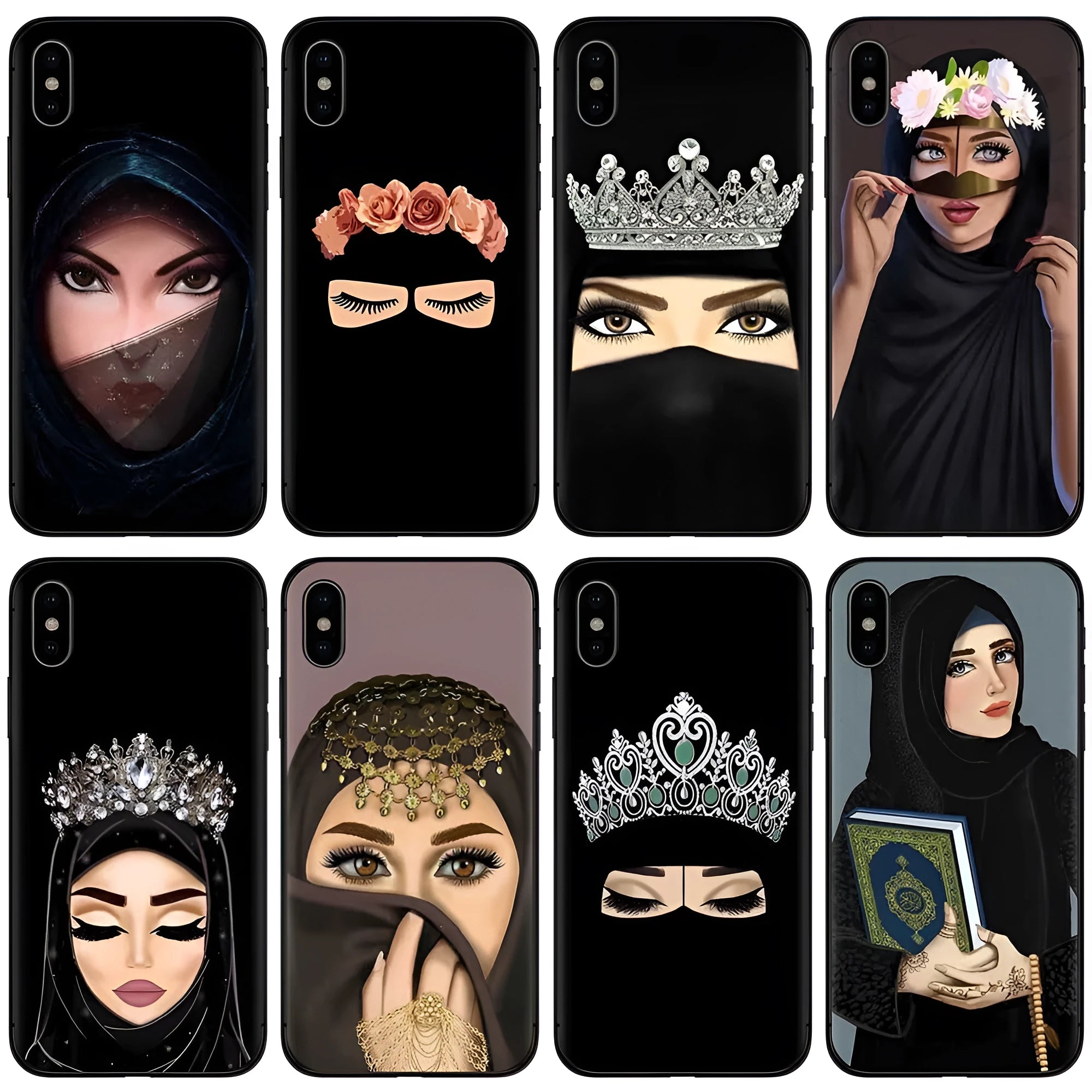 Islamic hijab veil design iPhone case with rhinestone and floral patterns on a flexible TPU back cover.