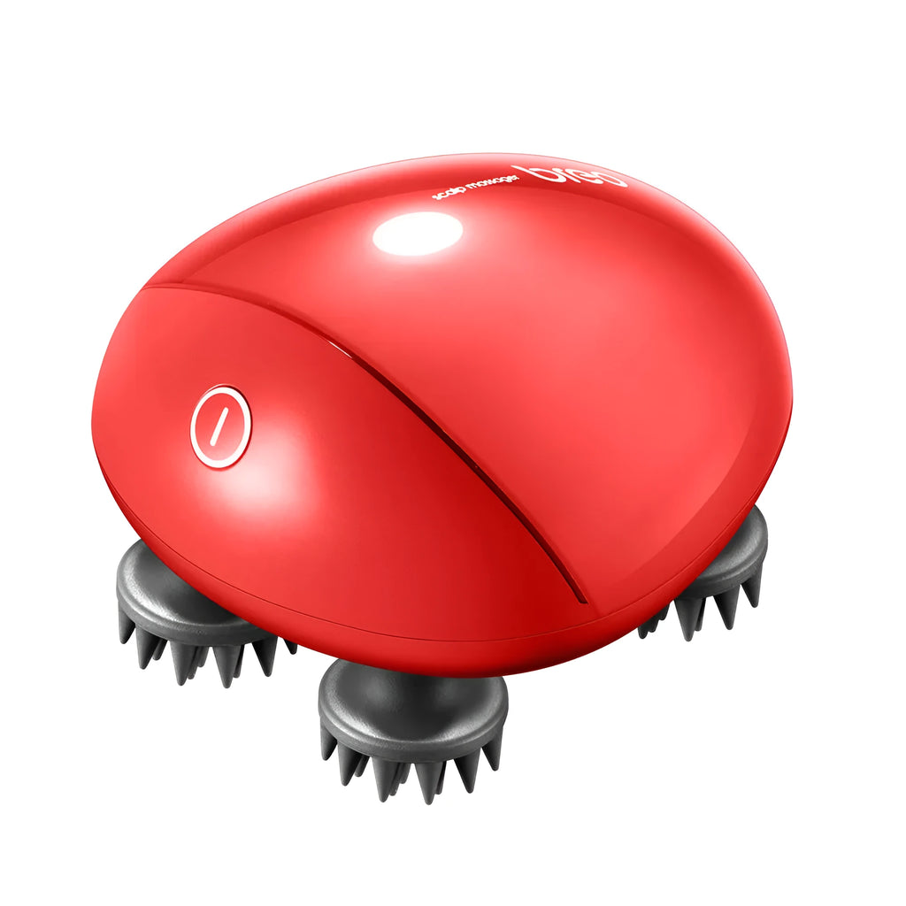 Red electric scalp massager with 2m power cord showing 110mm x 120mm x 82mm dimensions