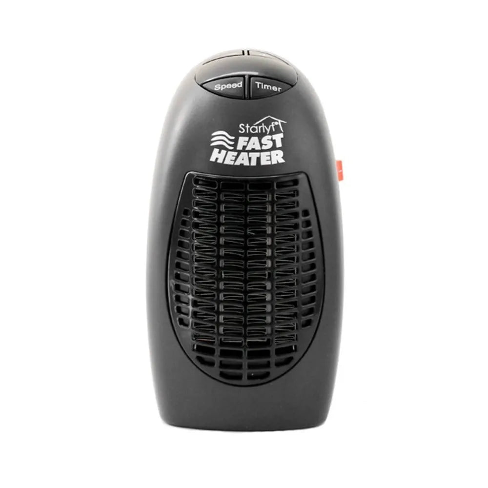 Black mini portable electric heater with digital display and a rotating plug on a white background.