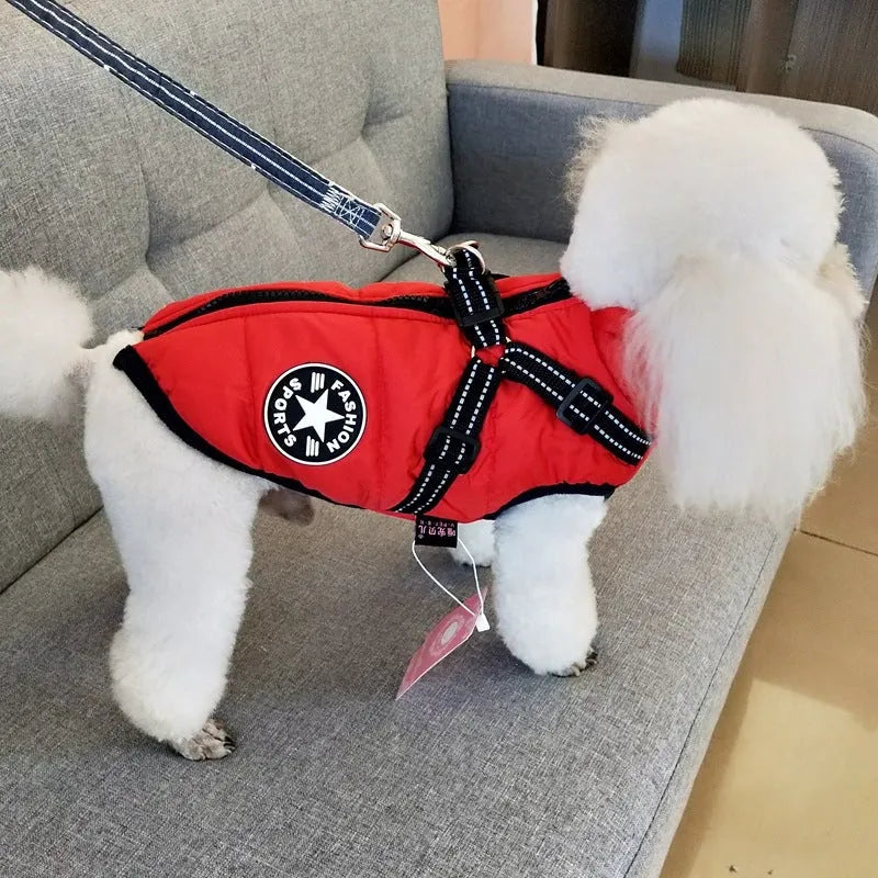 Waterproof dog coat with harness in red, navy blue, and army green on a winter background