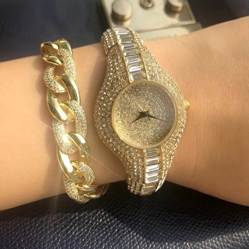 Women's gold alloy quartz watch with round dial showing diamond and colourful stone inlays