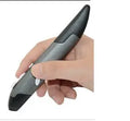 Wireless optical pen mouse in blue with USB receiver and stand on white background