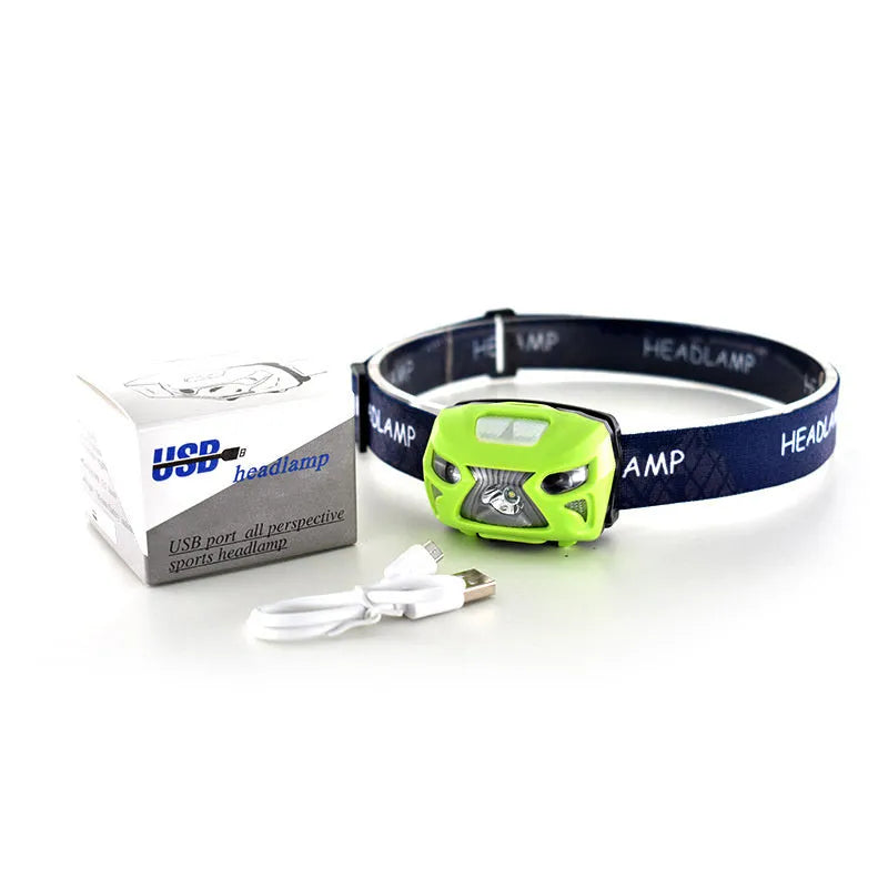 Head-mounted LED sensor headlight with adjustable webbing strap, shown in black colour.