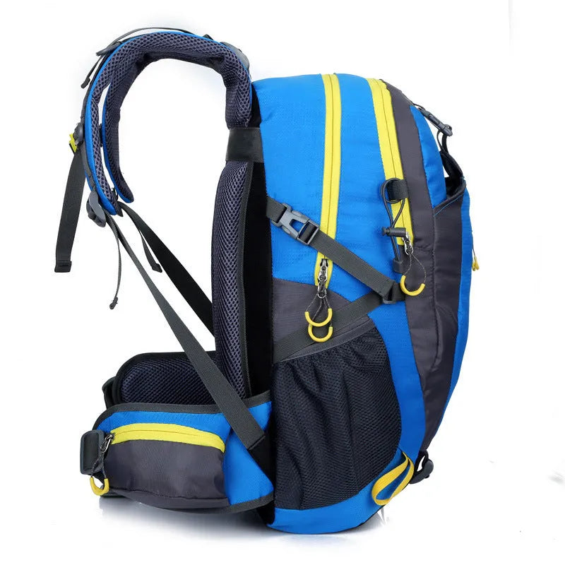 36-55L nylon hiking camping backpack in green for outdoor mountaineering and sports gear storage