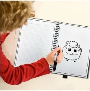 Black PP cover rewritable paper notebook with spiral binding, open to a page with handwriting, pen included