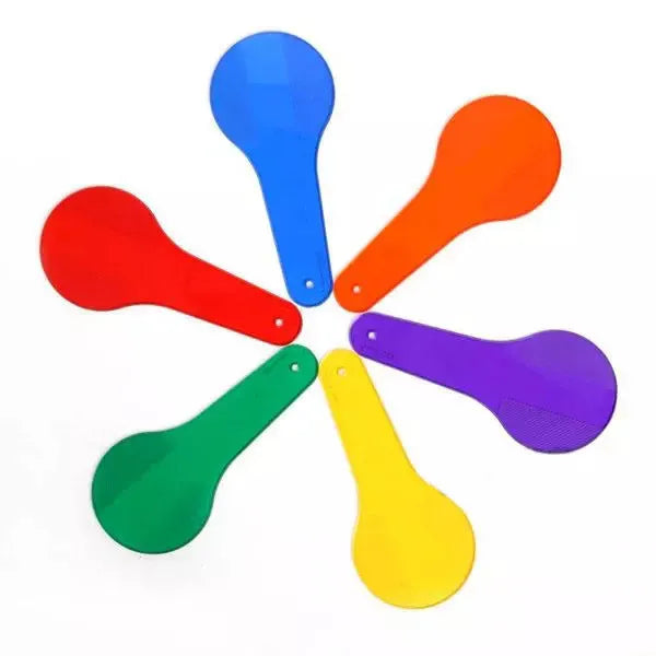 Six PVC colouring boards for children in red, yellow, blue, green, orange, and purple.