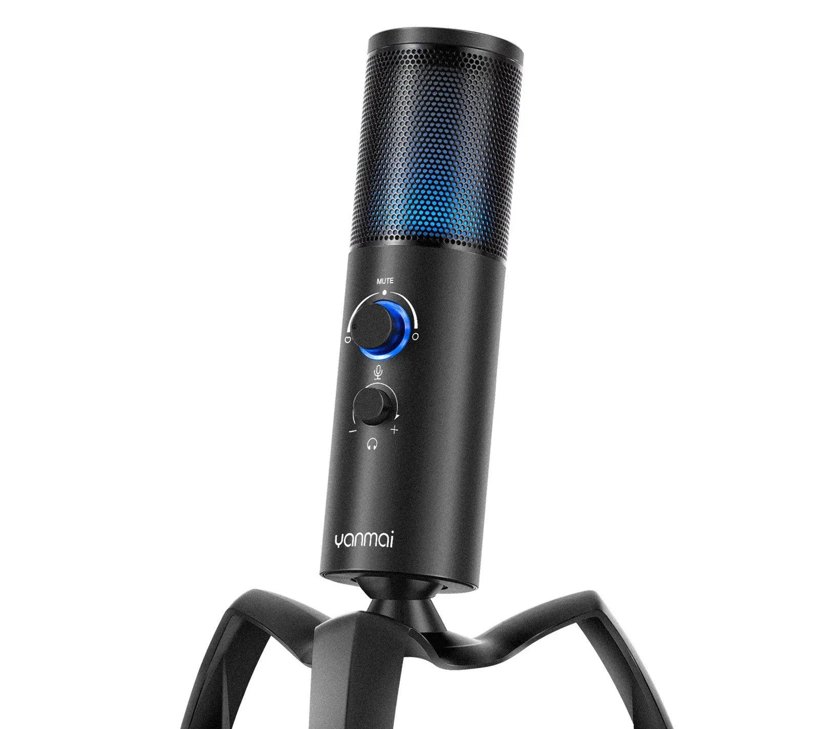 Black Q18 bidirectional condenser microphone with RGB lighting on adjustable tripod stand