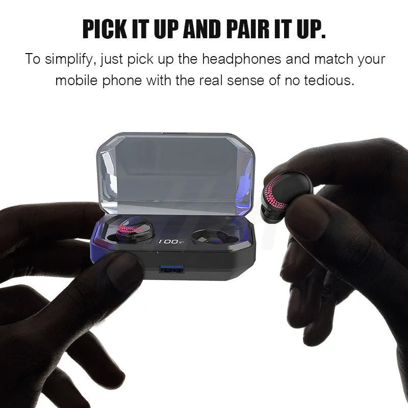 Black X10 Bluetooth wireless headset and charging case on a white background.