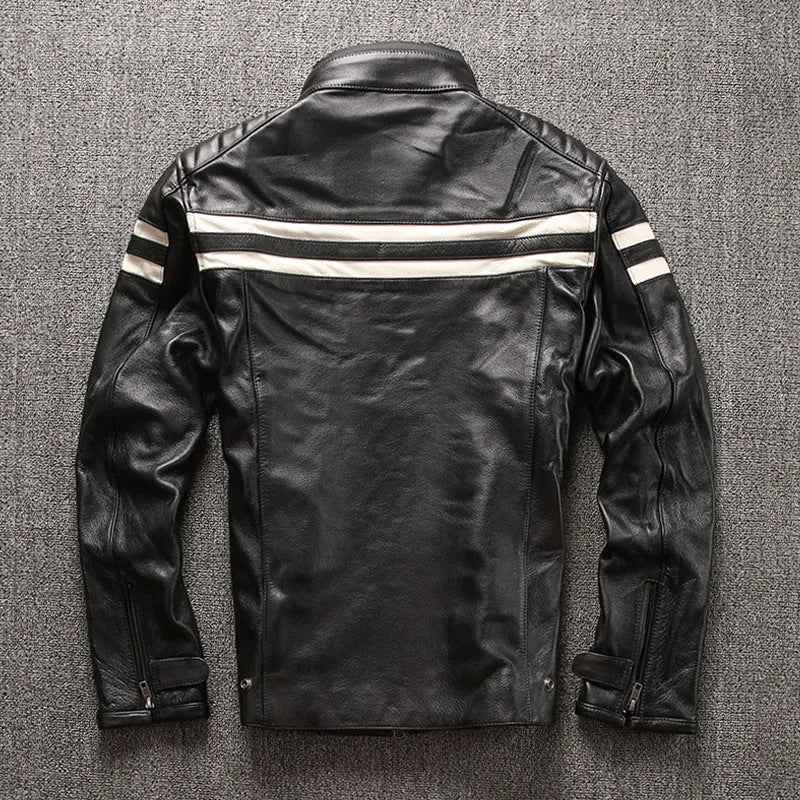 Motorcycle leather jacket in cowhide with stand-up collar and zipper front, shown in black