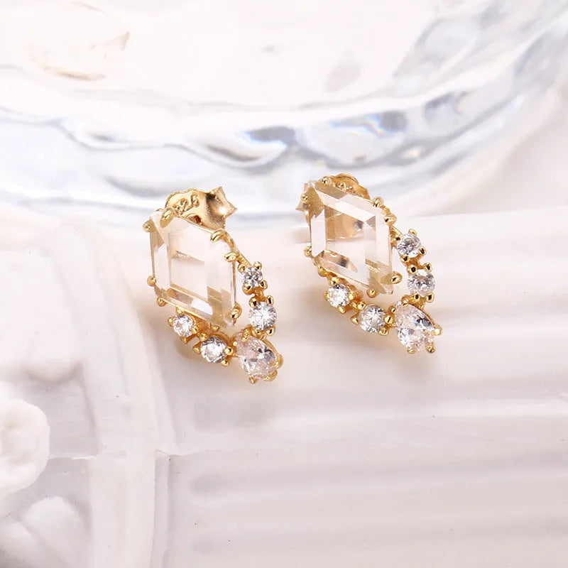 Simple geometric natural white crystal earrings in 925 silver with electroplated finish