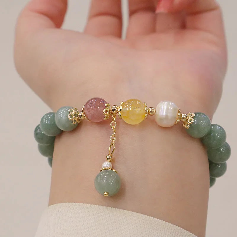Myanmar jade geometric bead bracelet with pearl accents and three-dimensional Han-style decoration