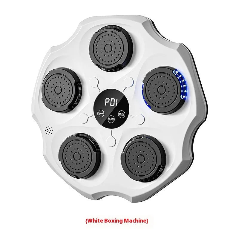 Black Bluetooth music boxing wall target hanging on a wall with paired boxing gloves.