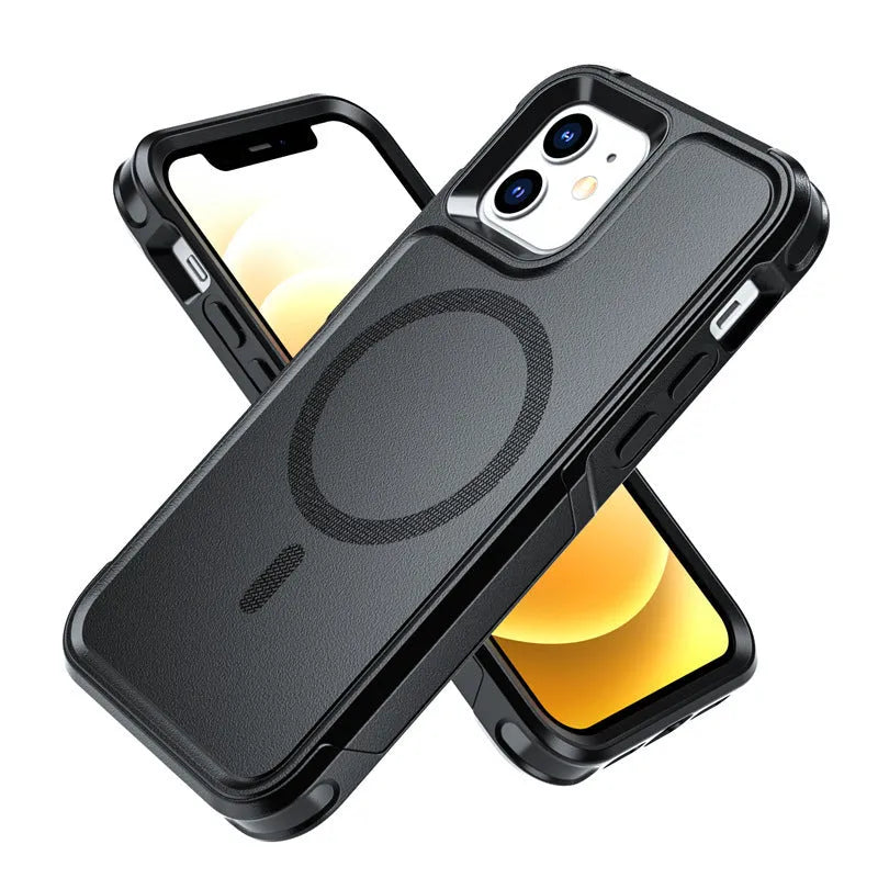 Black shatterproof magnetic back cover phone case for Apple iPhone 12 and iPhone 13 models.