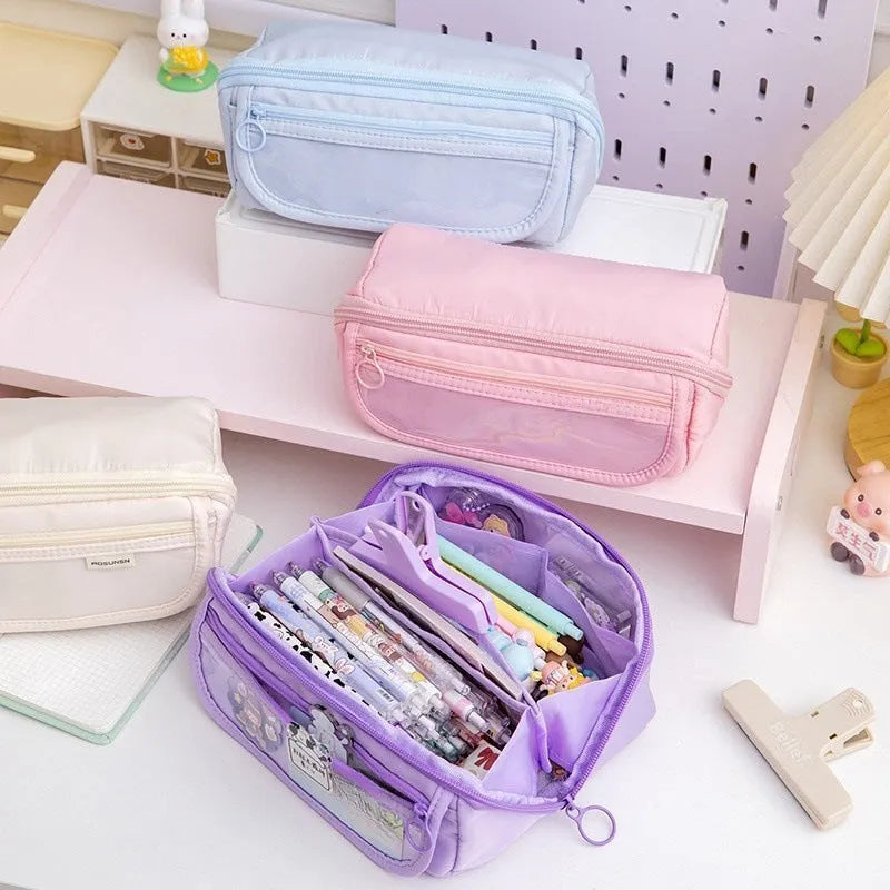 Korean-style canvas pencil case with 10-layer flip design open to show multiple compartments
