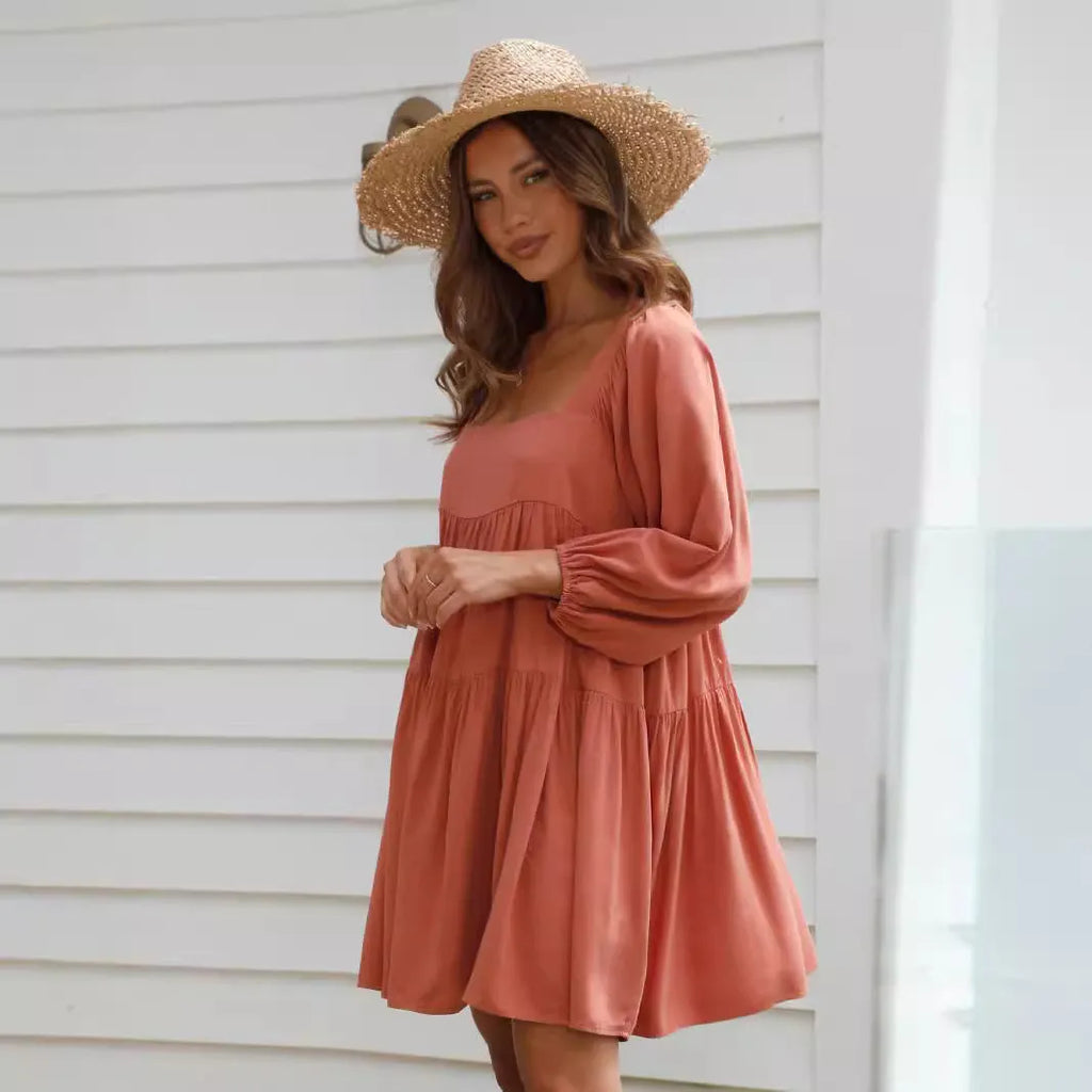 Children pullover square collar puff sleeve backless A-line dress in solid colour, artistic retro style
