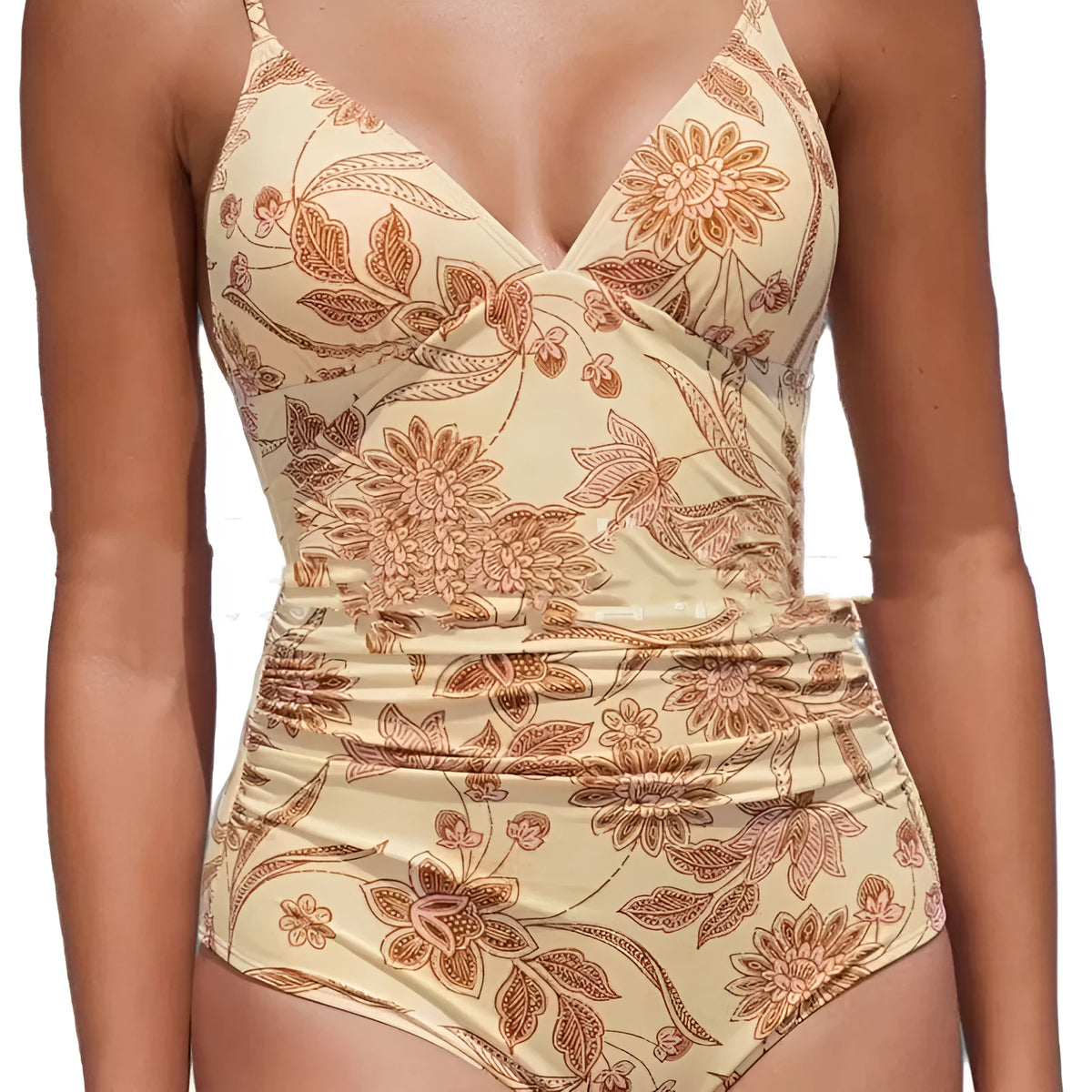 Skin-tone one-piece swimsuit with V-neck and belly control for women swimming and wading