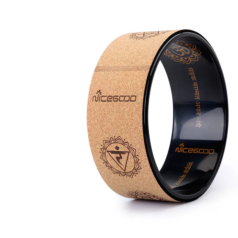 Cork yoga wheel 32cm diameter natural cork surface black colour for spinal support and backbends