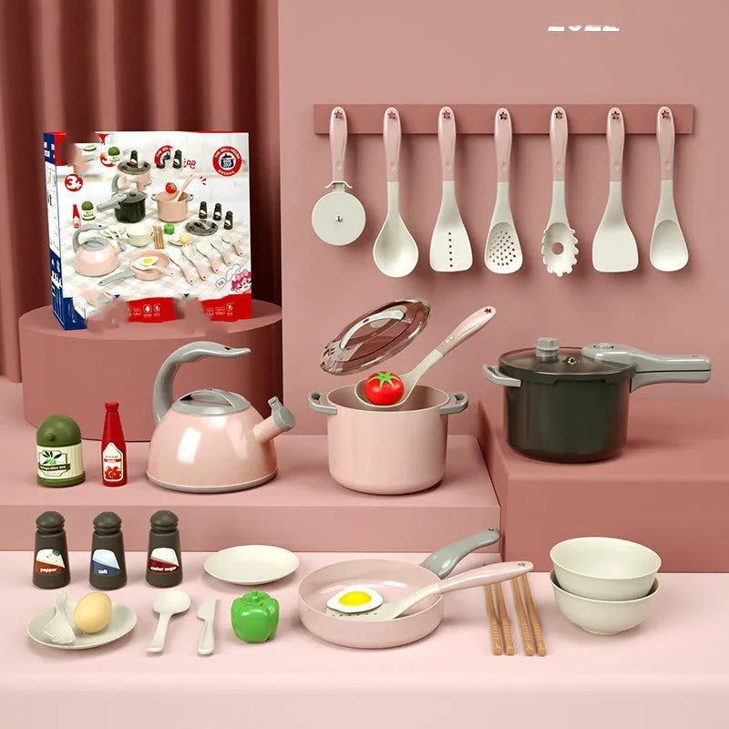 31-piece simulation induction cooker kitchen toy set in red, with plastic cookware items on a play table